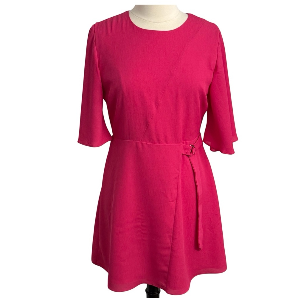 DO+BE Womens Short Bell Sleeves Round Neck Fully Lined Flared Dress Fuchsia Sz L